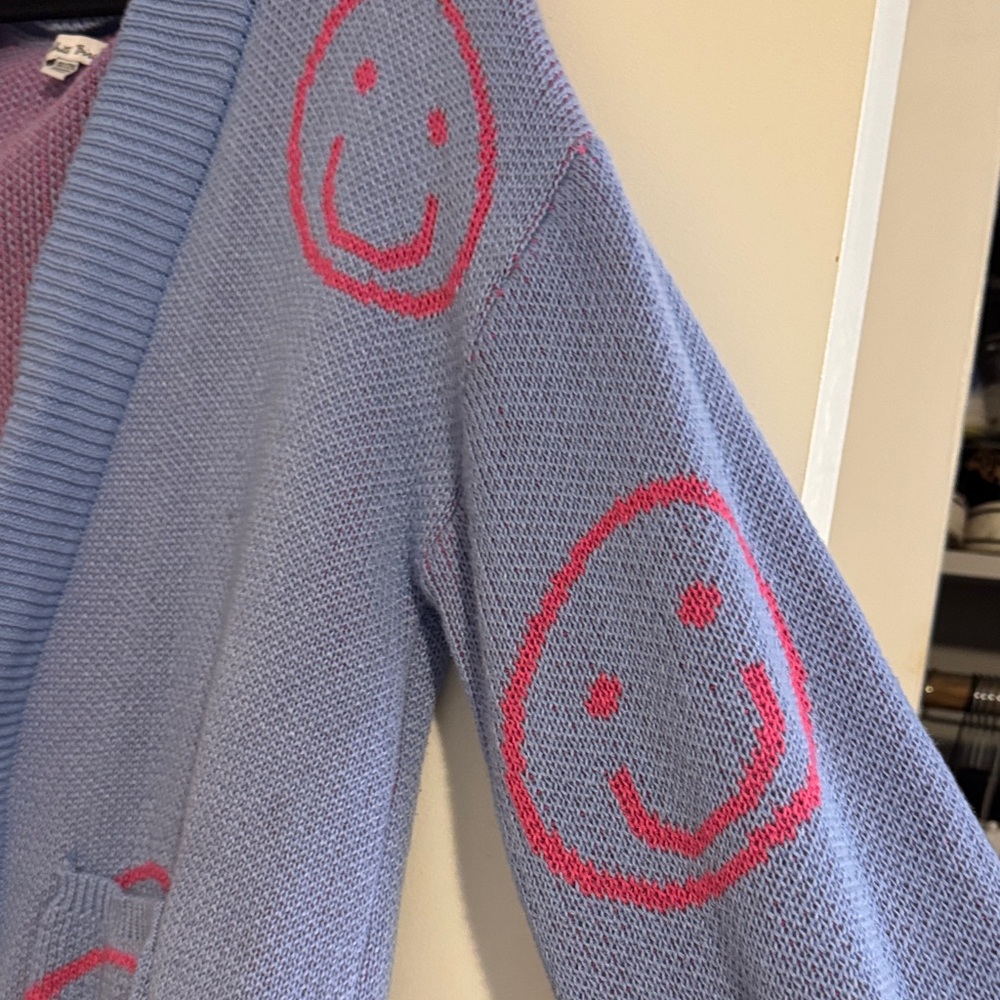 White Birch Blue Cardigan with Pink Smiley Faces - Picture 4 of 4